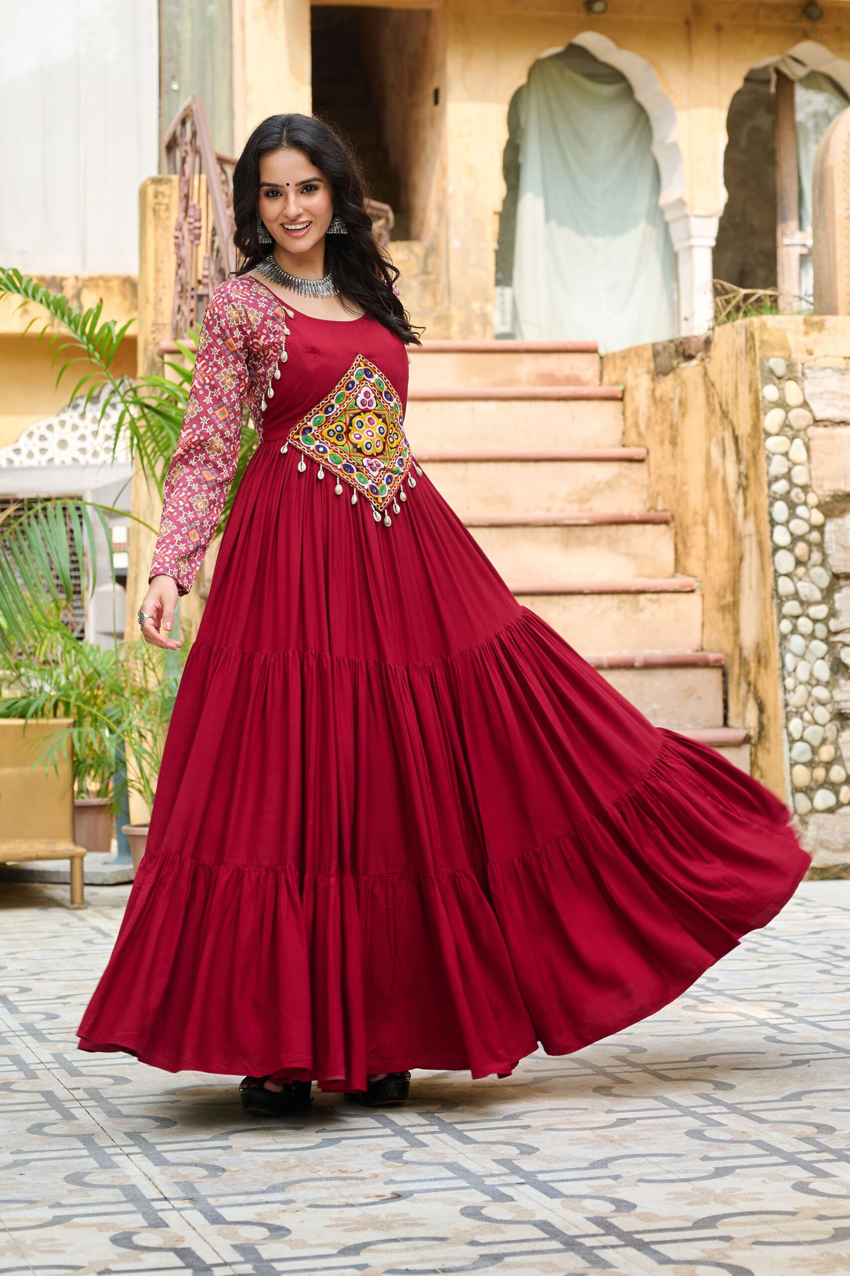 Maroon Navratri Special 14 Kg Reyon Designer Gown with Kutchi Gamthi & Cotton Print Work