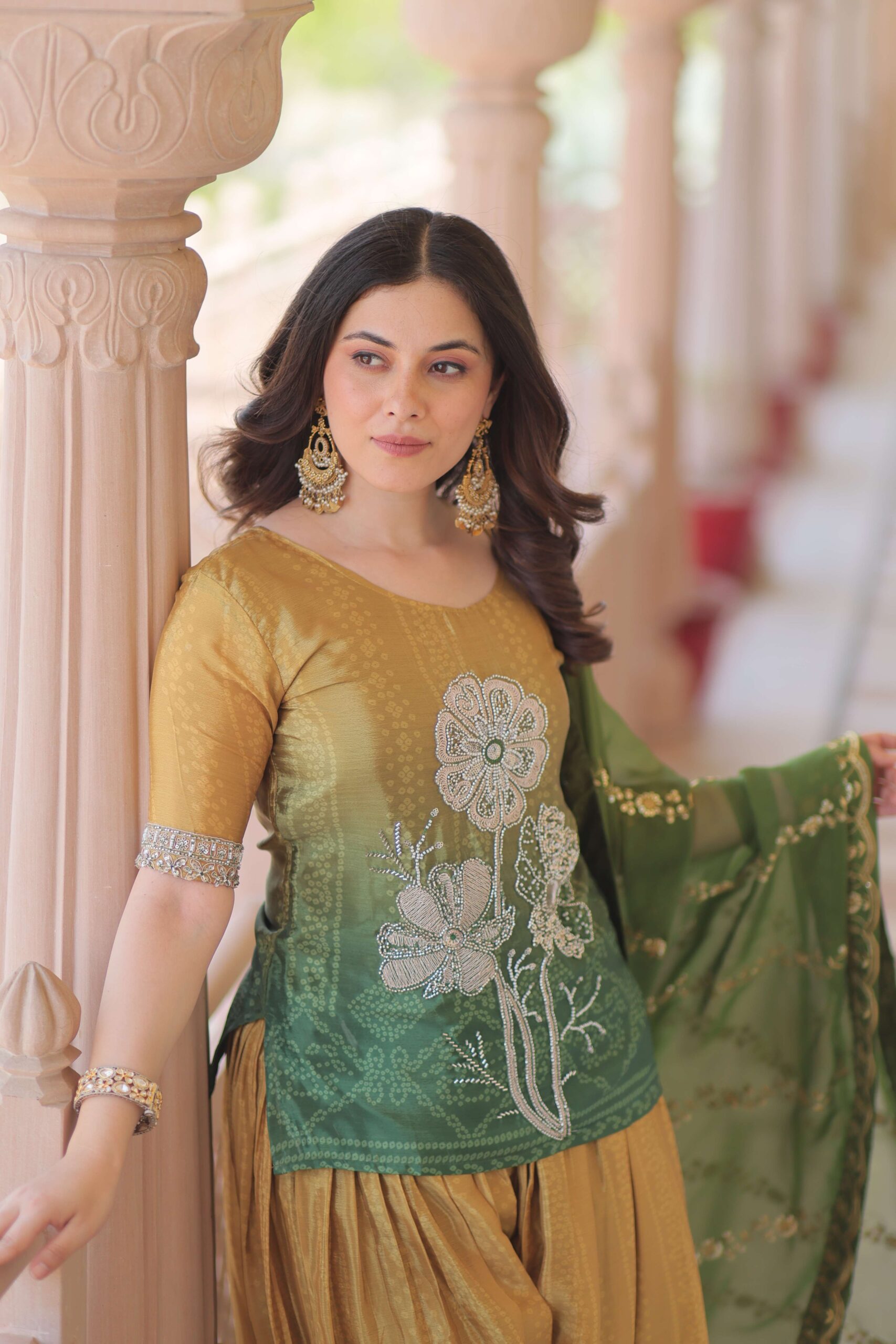 Green Premium Designer Chinnon Print Top-Sharara-Dupatta Set with Bead & Zari Work ? Elegant Ethnic Wear for Women - Image 7