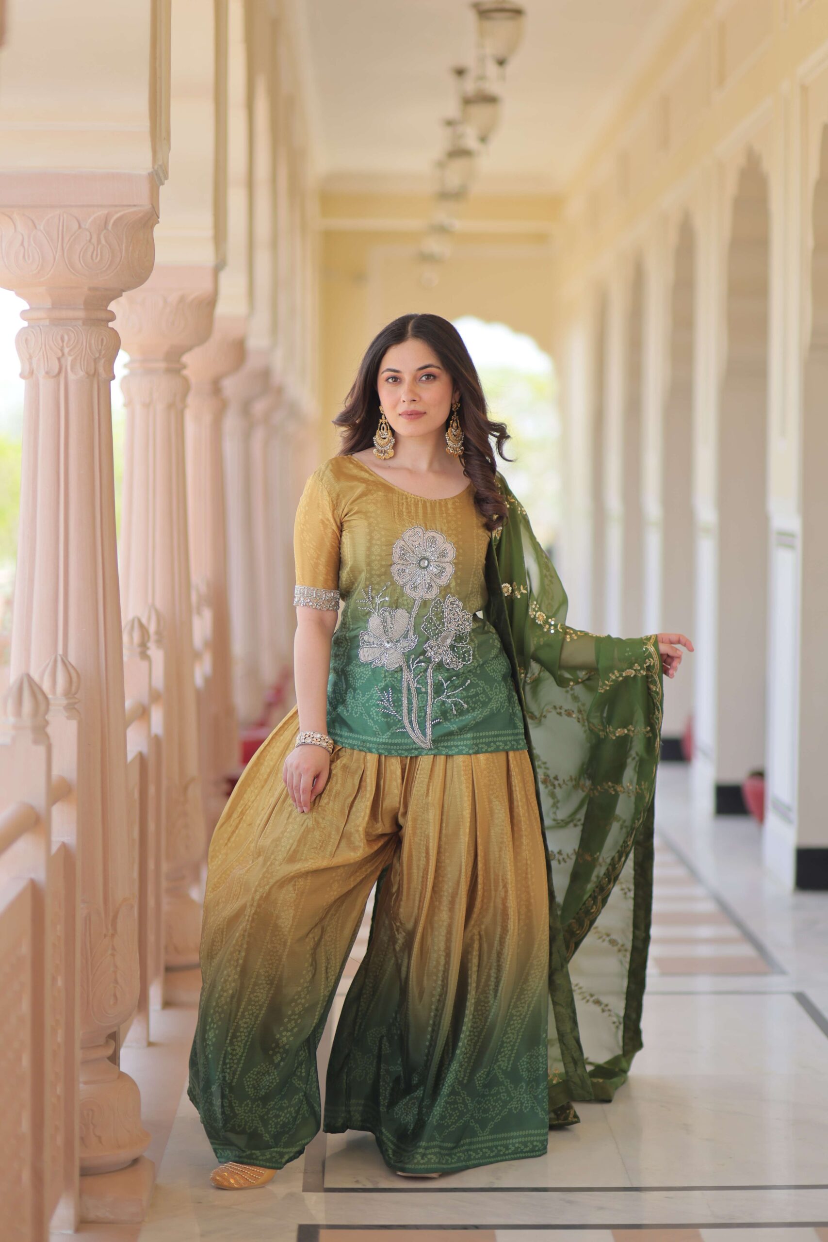 Green Premium Designer Chinnon Print Top-Sharara-Dupatta Set with Bead & Zari Work ? Elegant Ethnic Wear for Women - Image 6