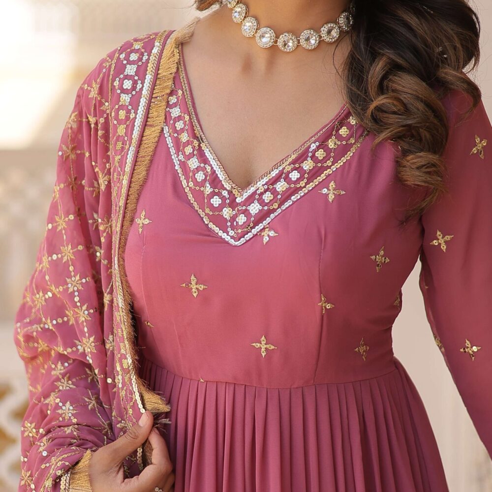 Onion Designer Faux Georgette Gown with Sequined Dupatta ? Elegant Festive & Party Wear Set