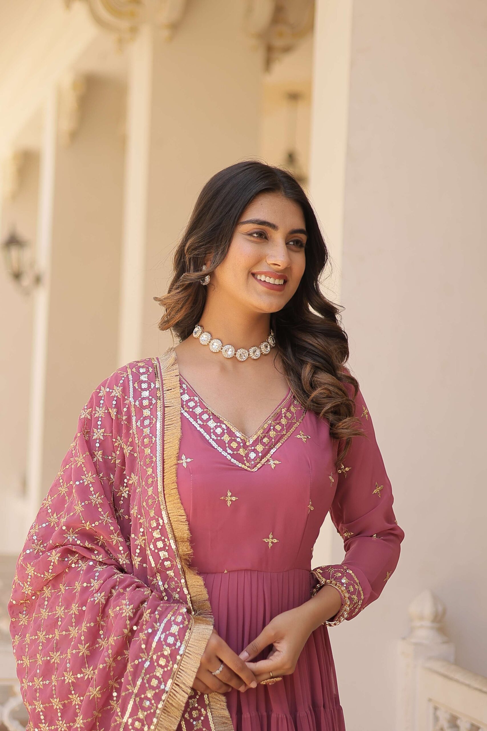 Onion Designer Faux Georgette Gown with Sequined Dupatta ? Elegant Festive & Party Wear Set - Image 6