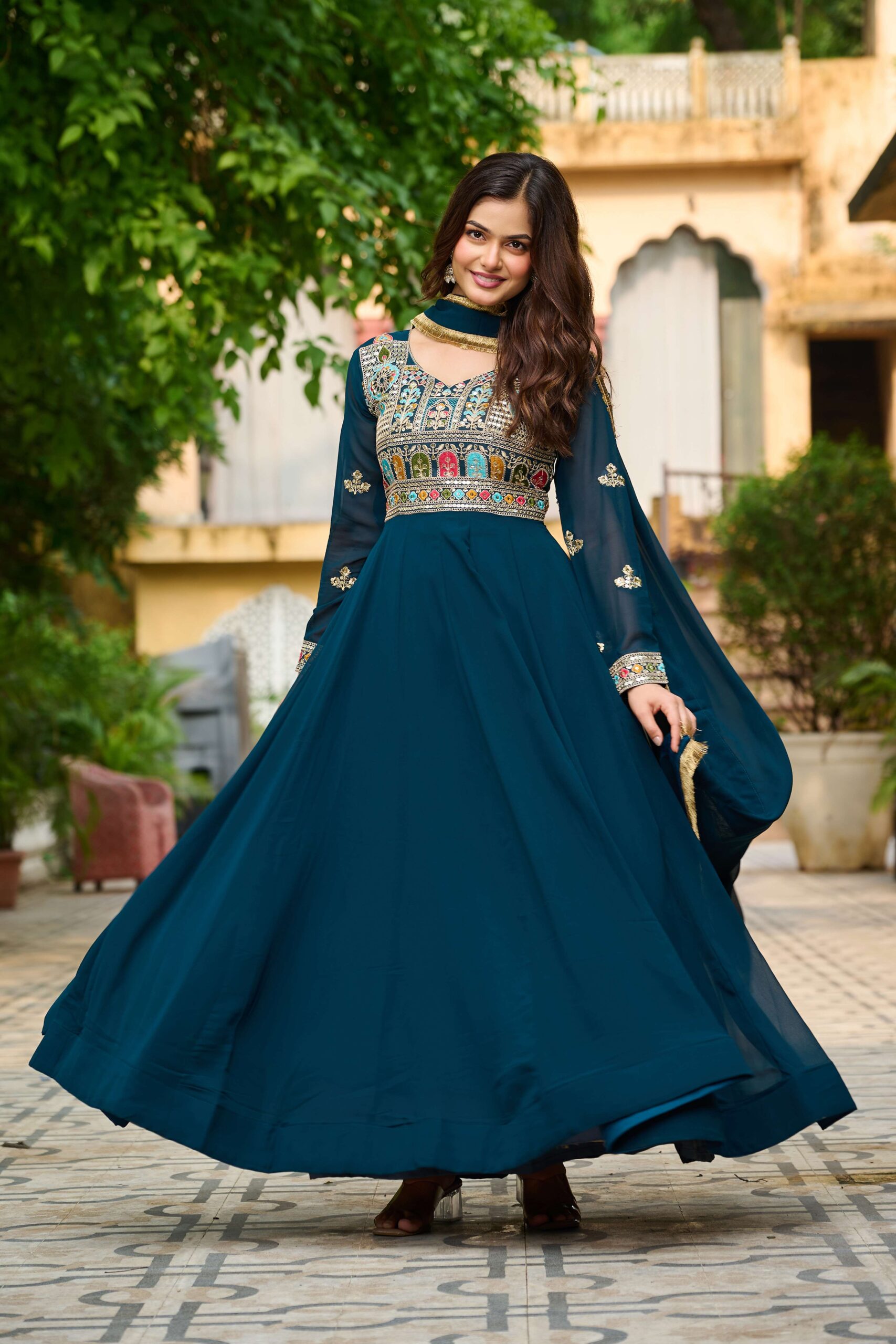 Rama Elegant Faux Blooming Designer Gown with Sequins & Multi-Thread Embroidery ? Ethnic Dupatta Set - Image 6