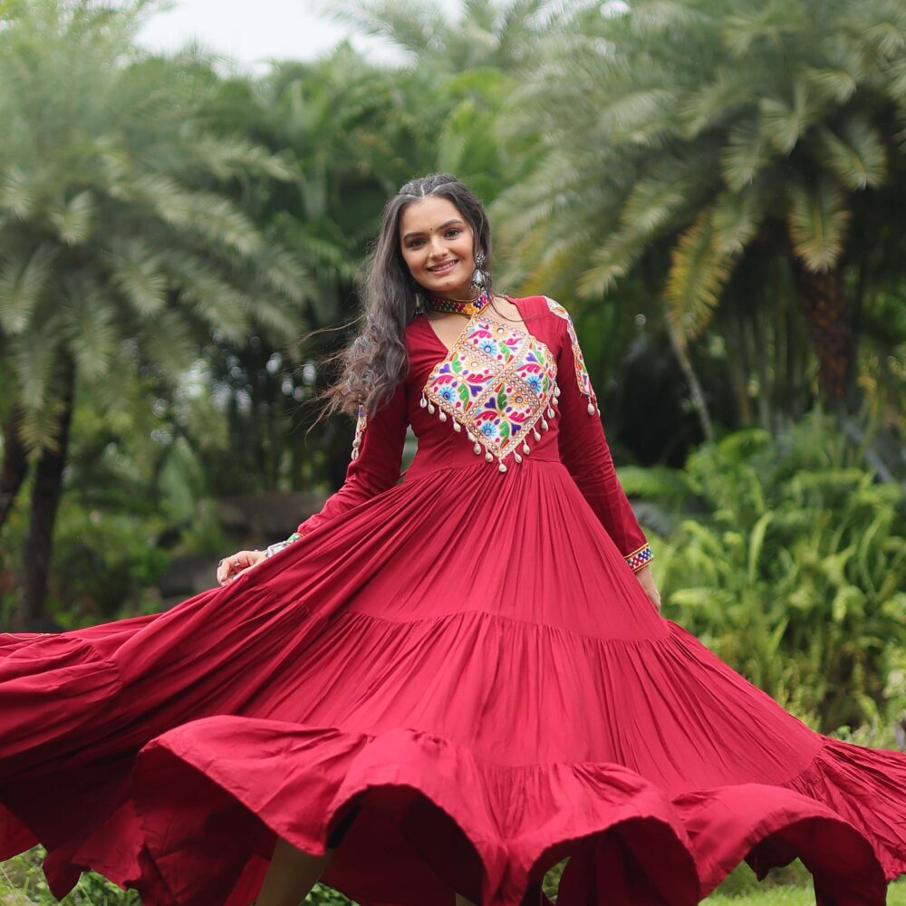 Maroon Reyon Partywear Gown with Kutchi Gamthi Work